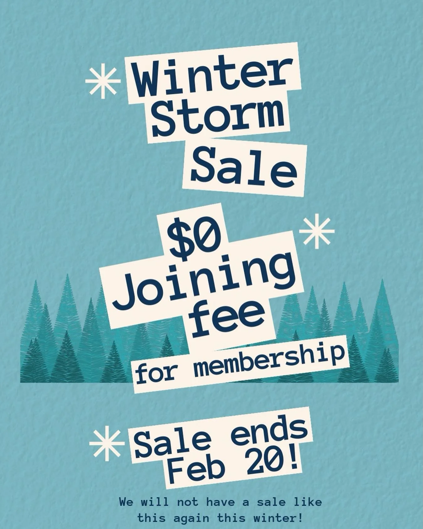 Wow! Winter finally arrived! ..need to get indoors? We are having a Winter Storm Sale with $0 Joining Fee on our membership! Sale ends Feb 20 so act fast! This will be our only sale on membership this winter. See you at the gym!