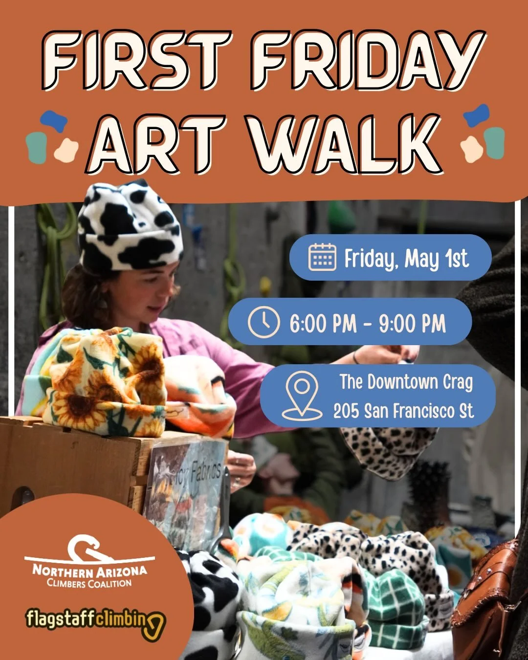 First Friday Art Walk is BACK! Come join us on May 1st for a community evening filled with art, music, and friends! Located at the downtown crag and in partnership with the NAZCC. We are still searching for some more artists to table, if you are inte
