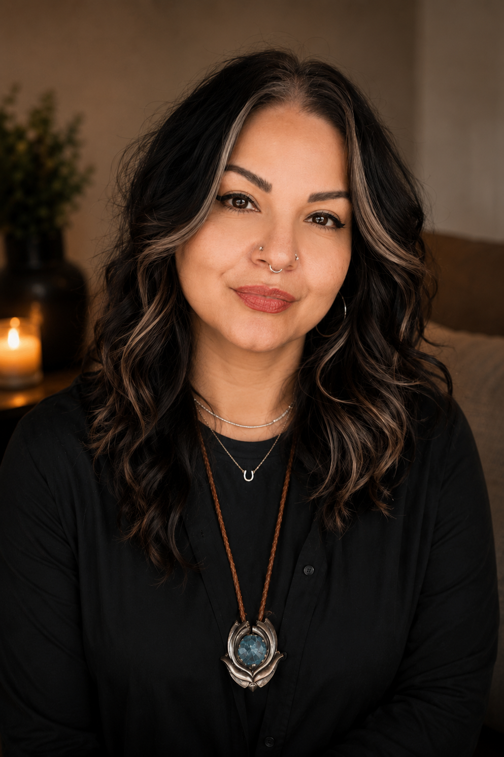 A woman with dark wavy hair and light highlights, wearing layered necklaces, a black shirt, and a septum piercing, smiling softly at the camera in a cozy indoor setting with warm lighting.