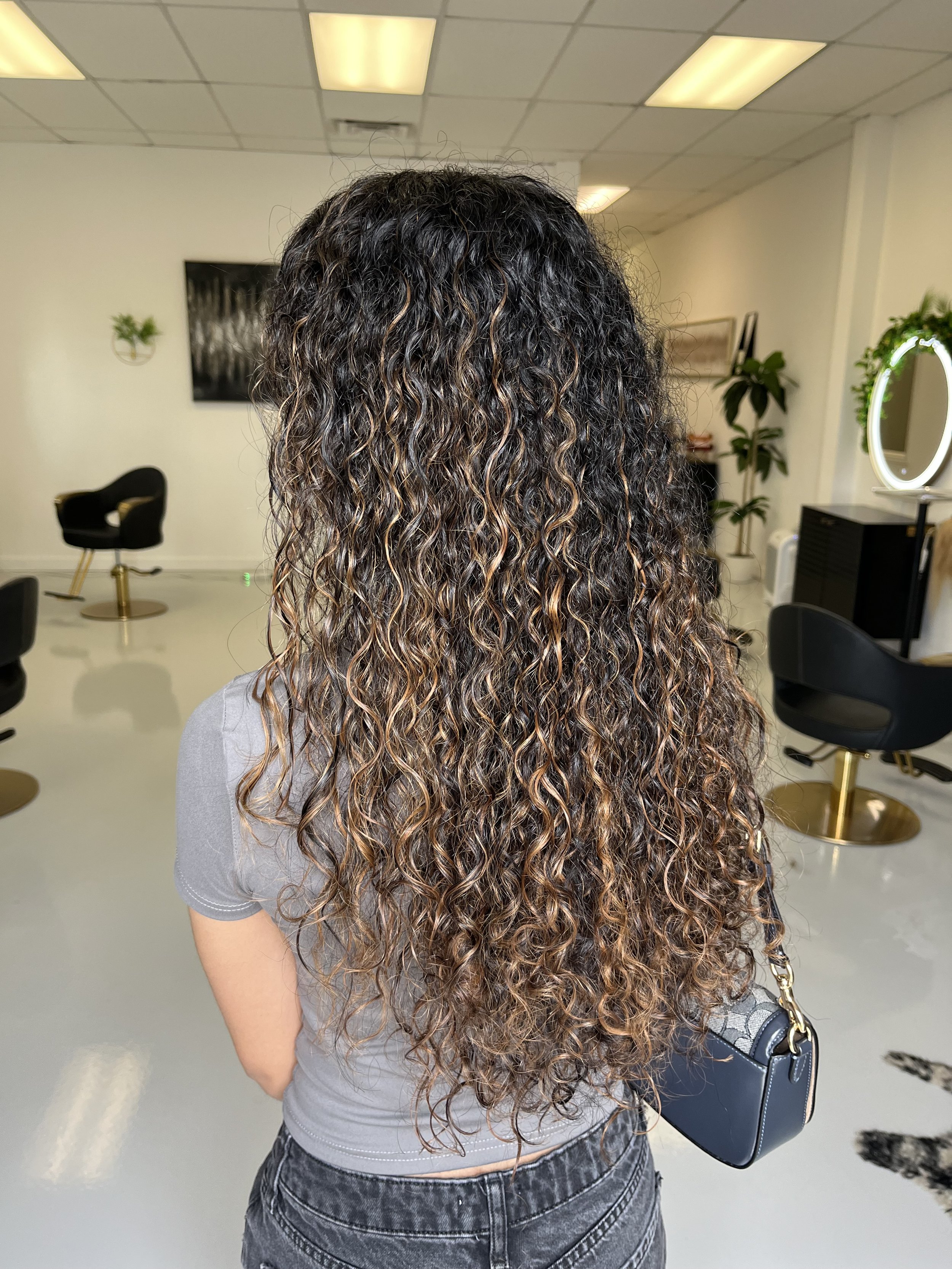 Back view of a woman with long, dark, curly hair with lighter highlights, standing in a salon.