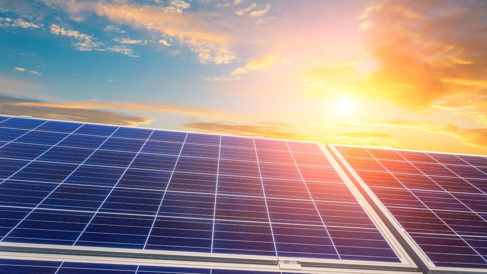 Solar panels generating renewable energy at sunrise as part of Illinois Solar's professional solar energy solutions.