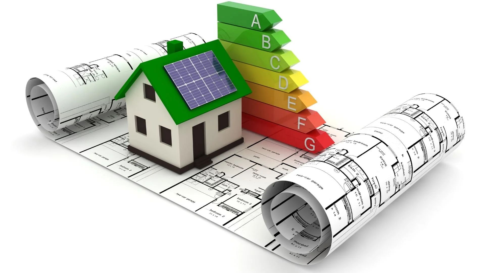 Solar-powered building with architectural plans and an energy efficiency scale representing custom solar system planning.