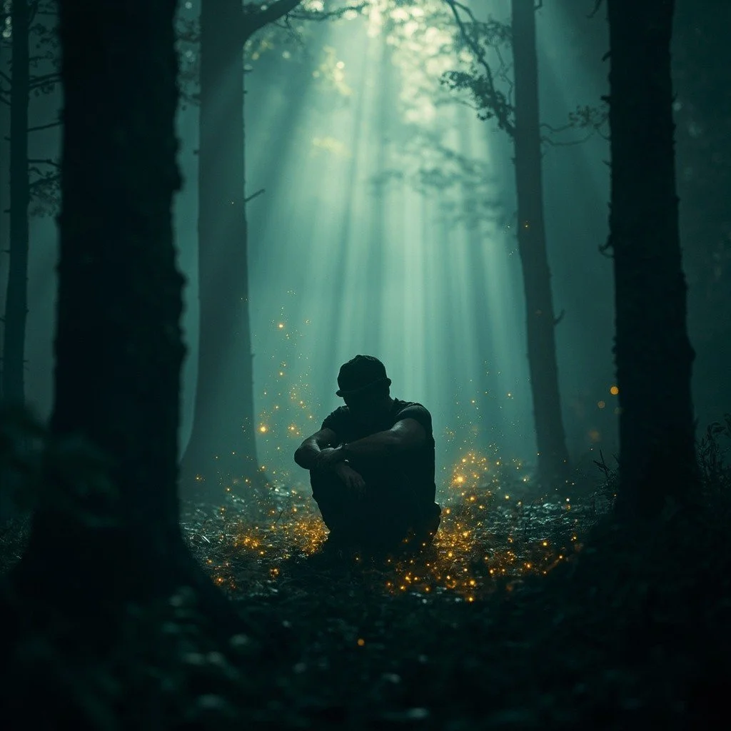 Person feeling stuck and disconnected in dark forest representing unresolved trauma that therapy cannot reach