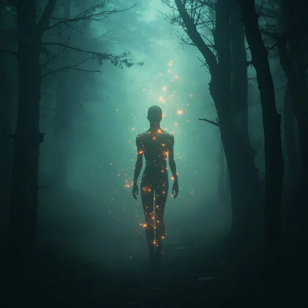Energetic figure in misty forest representing soul loss and feeling disconnected from yourself
