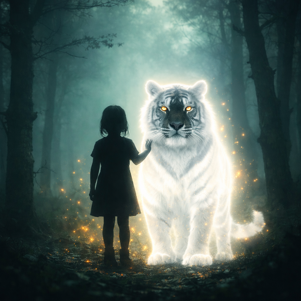 A child and a tiger spirit animal standing together in a misty forest, representing soul retrieval and healing