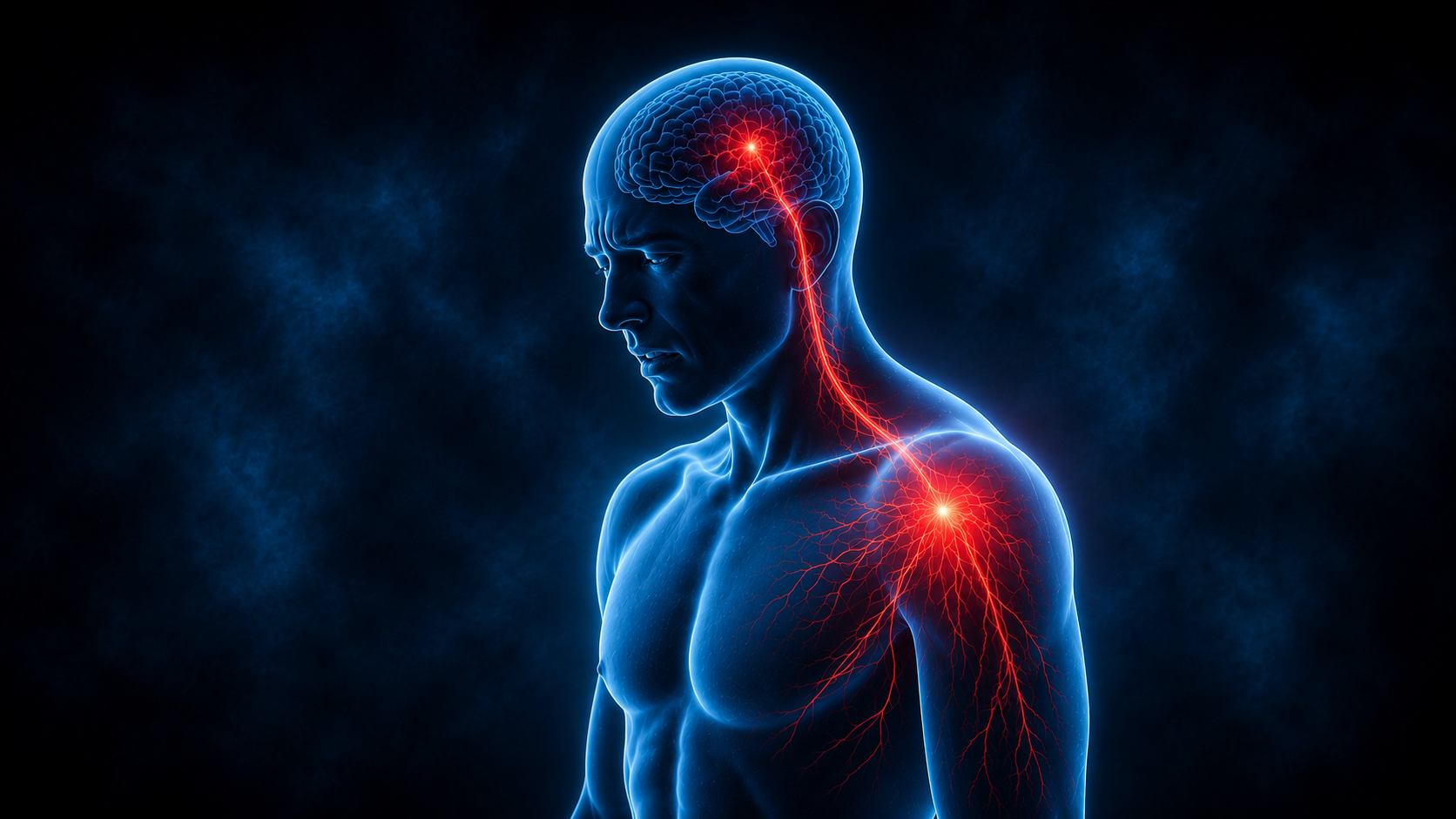 Illustration of a disrupted nerve signal traveling from the brain to the shoulder, representing signal disruption and the focus of Signal Restoration Therapy