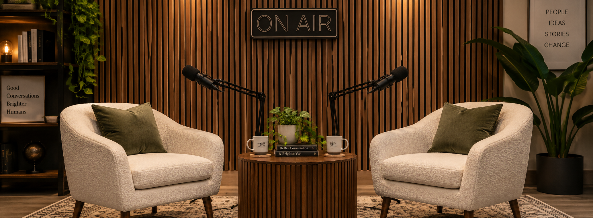 Podcast recording studio with two chairs and microphones, representing Mark Lemohr's podcast guest appearances