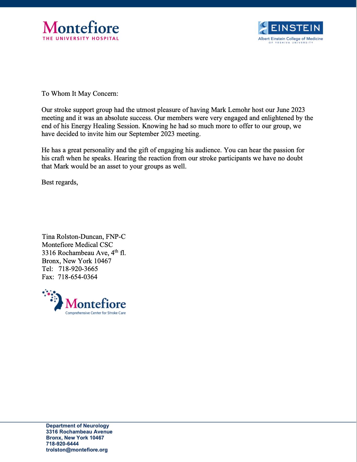 referral from ALBERT EINSTEIN COLLEGE OF MEDICINE