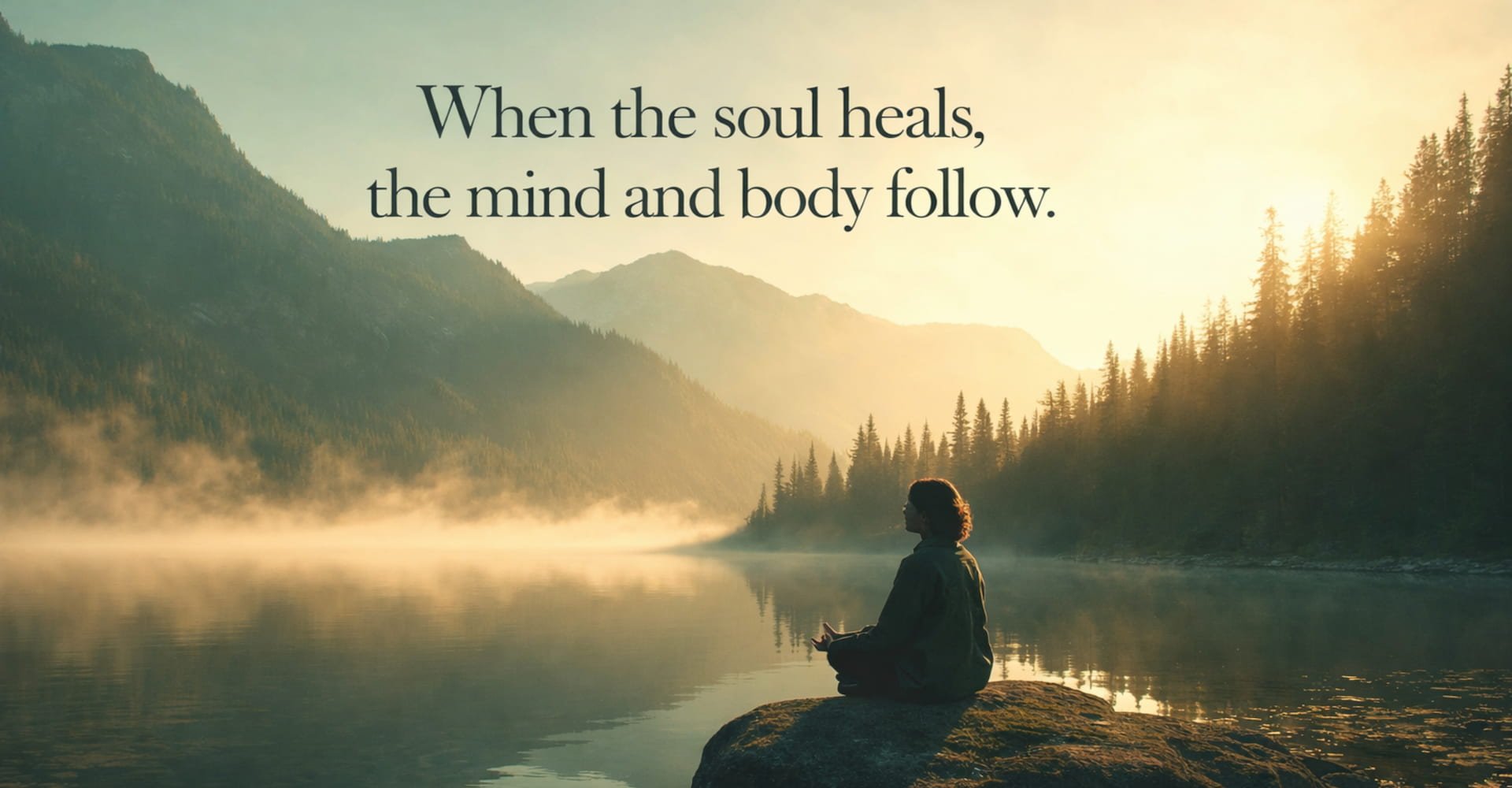 Woman meditating at a mountain lake at dawn — Your Perfect Healing