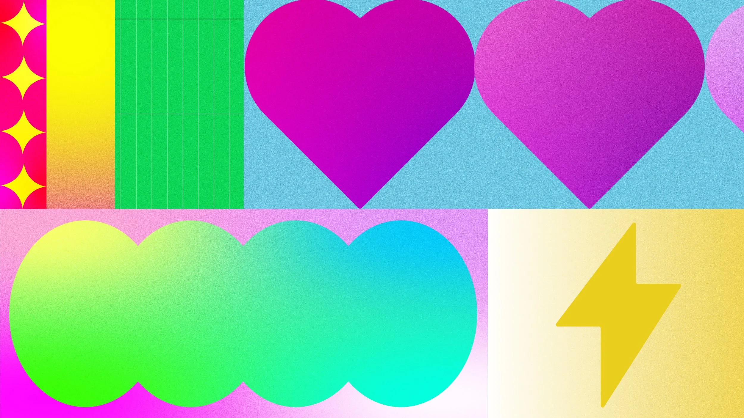 Colorful abstract image with hearts, circles, a lightning bolt, and geometric patterns in pink, purple, green, blue, and yellow.