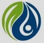 A circular logo with green and blue abstract shapes resembling leaves and water.