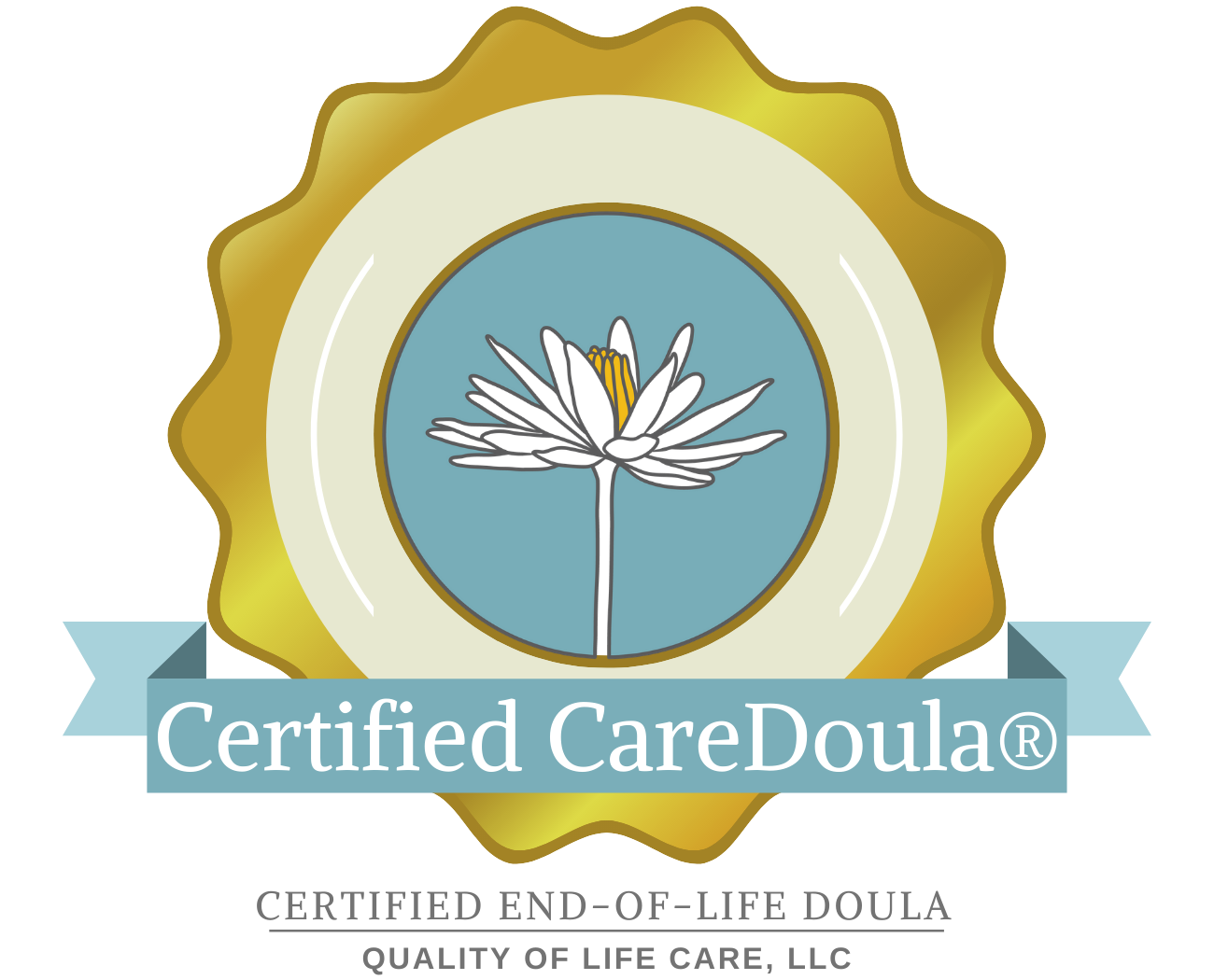 A certification badge with a flower in the center, surrounded by a gold border, and a blue ribbon at the bottom reading "Certified CareDoula".