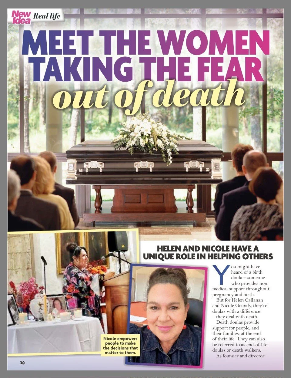 Page from a magazine featuring a funeral scene with a casket and congregation, and a smaller inset photo of a woman named Nicole with text about her role in helping others.