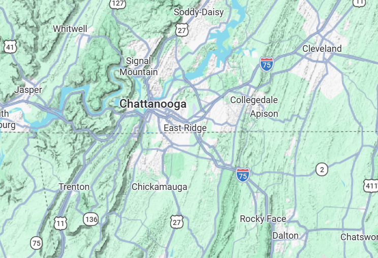 Map showing Chattanooga, Tennessee and surrounding areas, including nearby cities and highways.