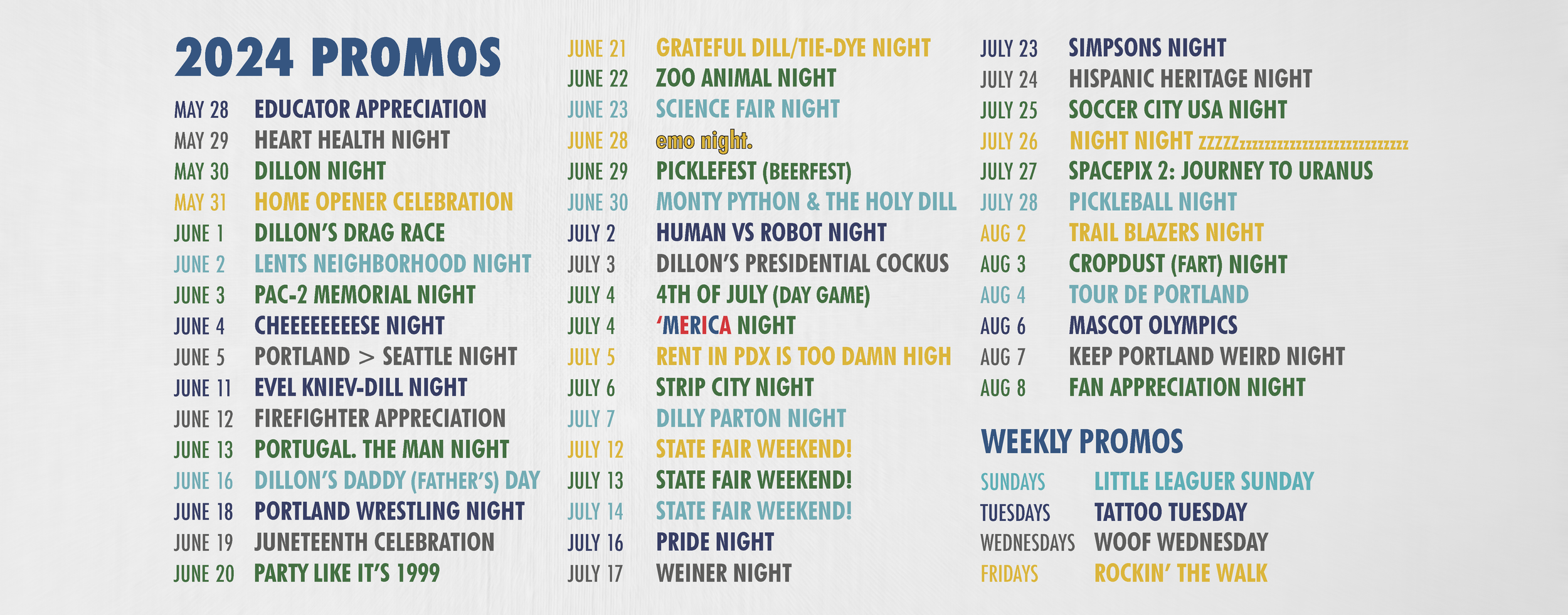 PICKLES RELEASE 2024 PROMO SCHEDULE! — PORTLAND PICKLES BASEBALL