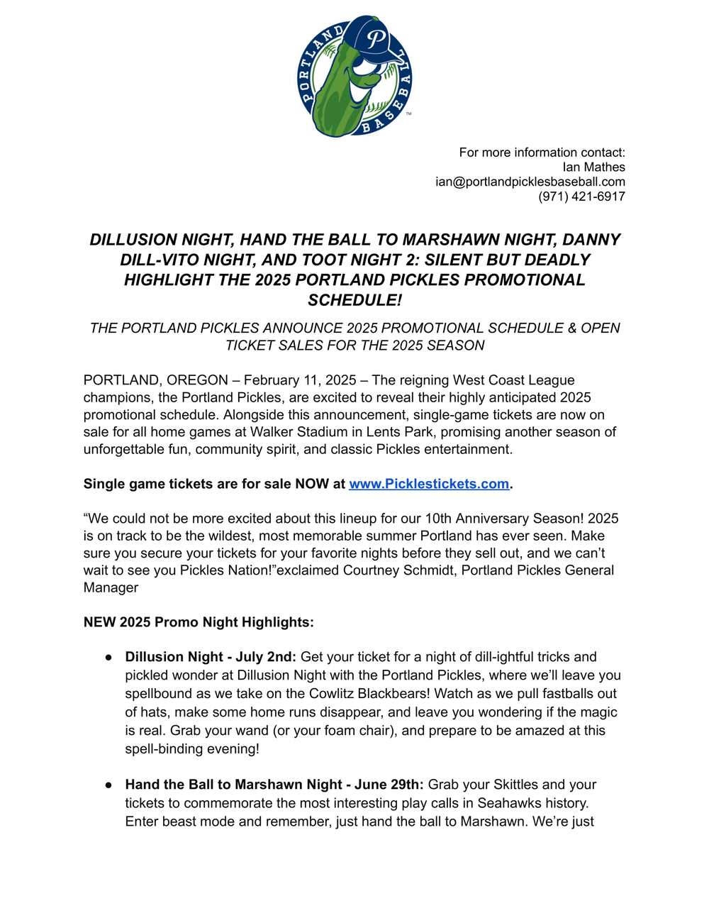 PORTLAND PICKLES ANNOUNCE 2025 PROMO SCHEDULE — PORTLAND PICKLES BASEBALL