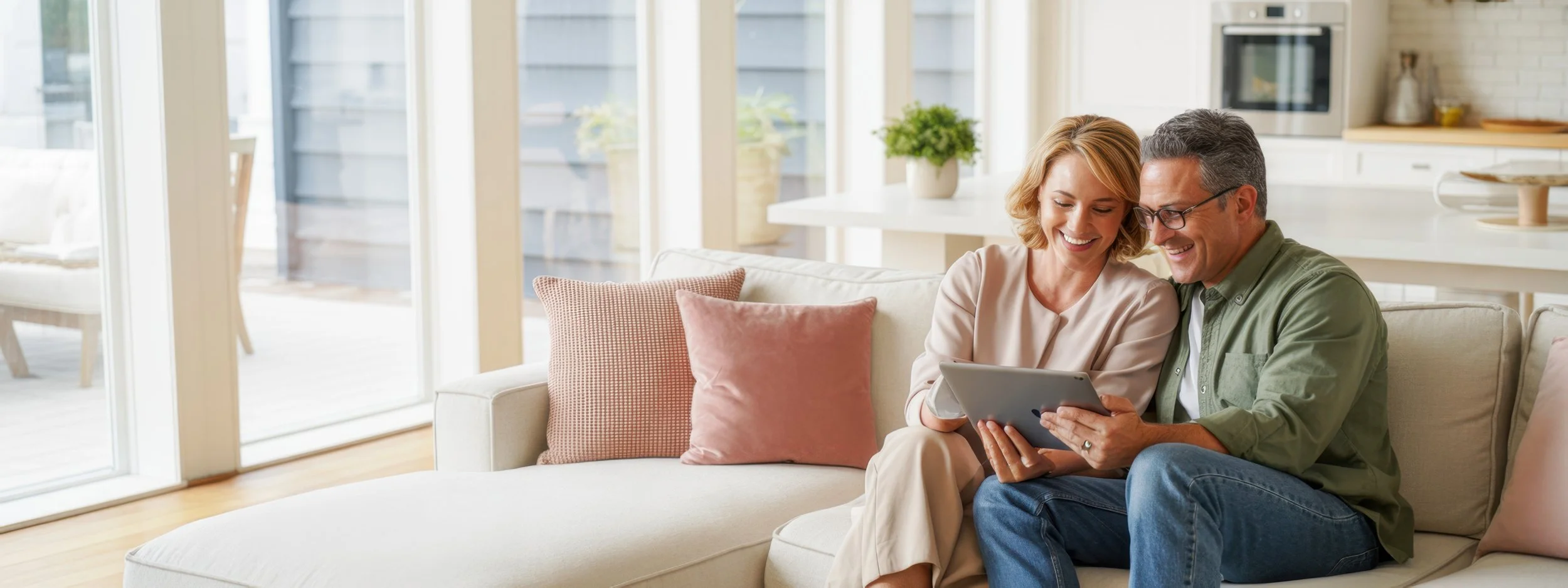 Couple on couch looking at tablet. Oracle Deferred Compensation Plan: Save beyond 401(k) limits with tax-deferred cash or RSUs. Learn eligibility, elections & distribution options.