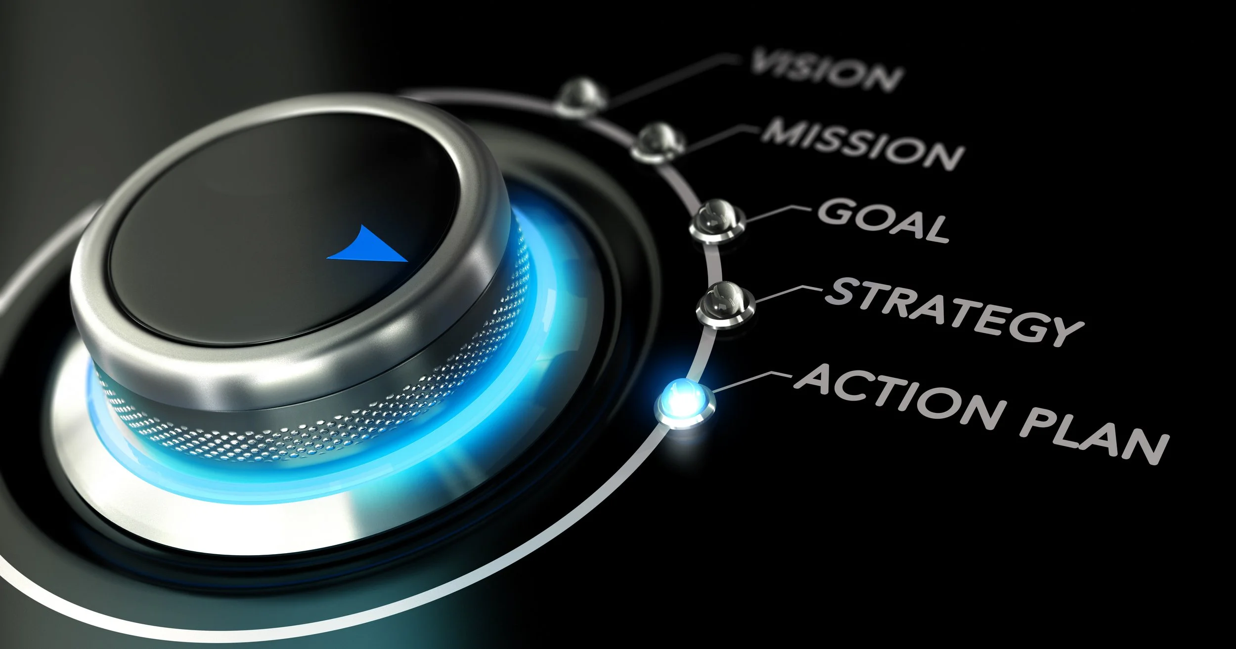 Close-up of a steering wheel with a blue arrow indicator, surrounded by illuminated rings, and a circular diagram with labels including 'VISION,' 'MISSION,' 'GOAL,' 'STRATEGY,' 'ACTION PLAN'.