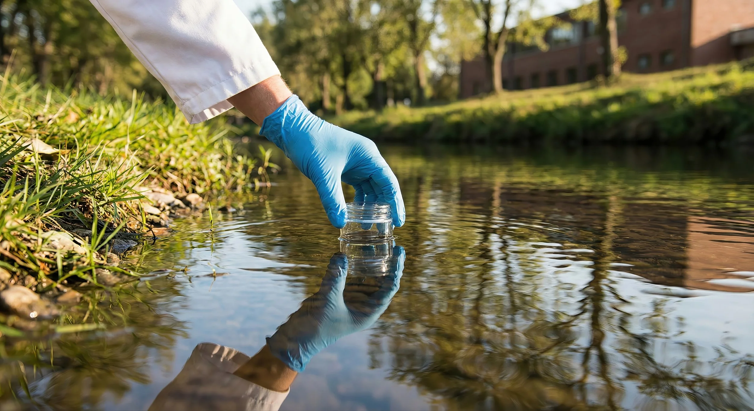 A person wearing a white coat and blue gloves is collecting water samples from a river or creek using a glass jar during daytime in outdoor setting with trees and buildings in the background.