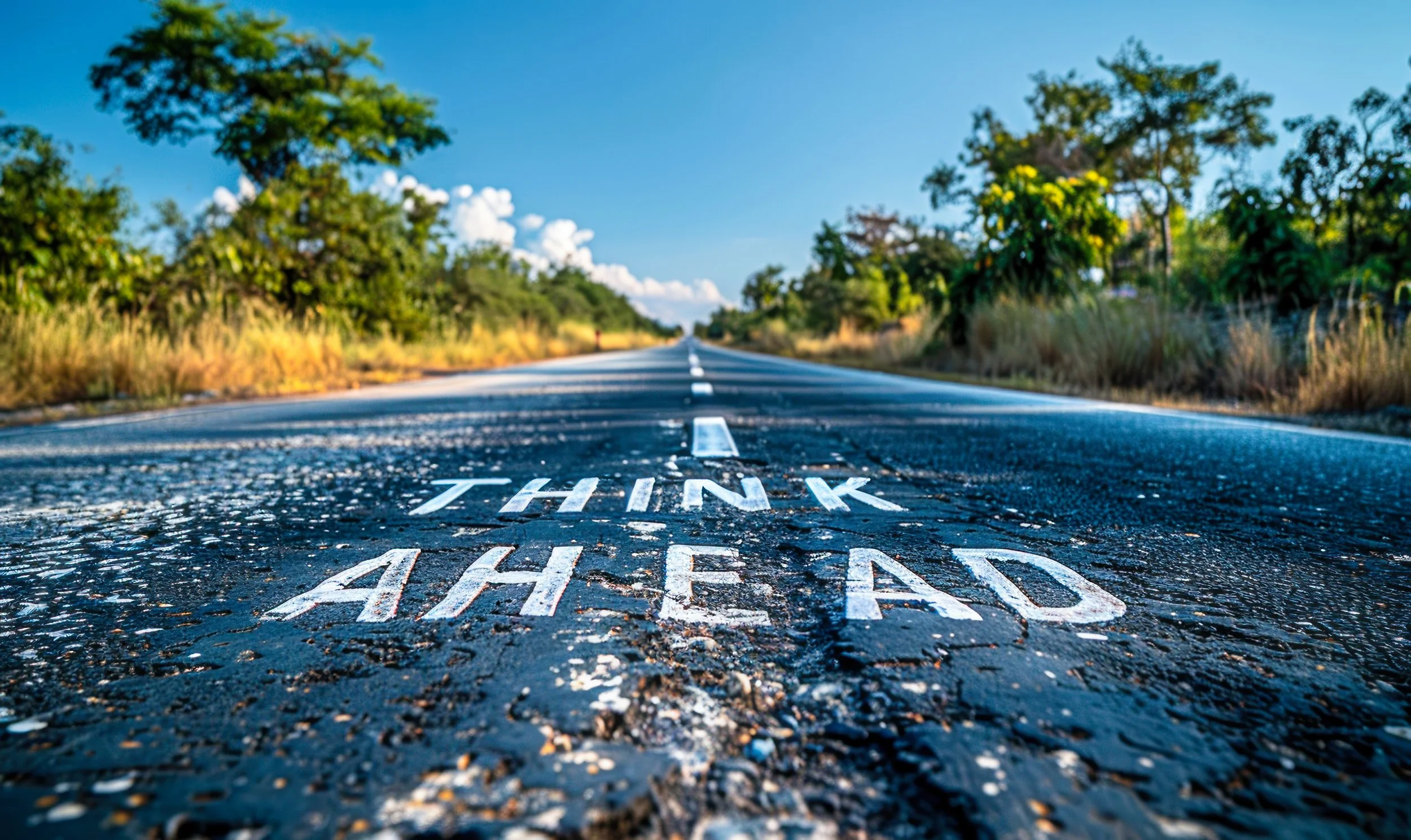 Close-up view of a road with the words 'THINK AHEAD' painted on it, surrounded by trees and a clear blue sky.