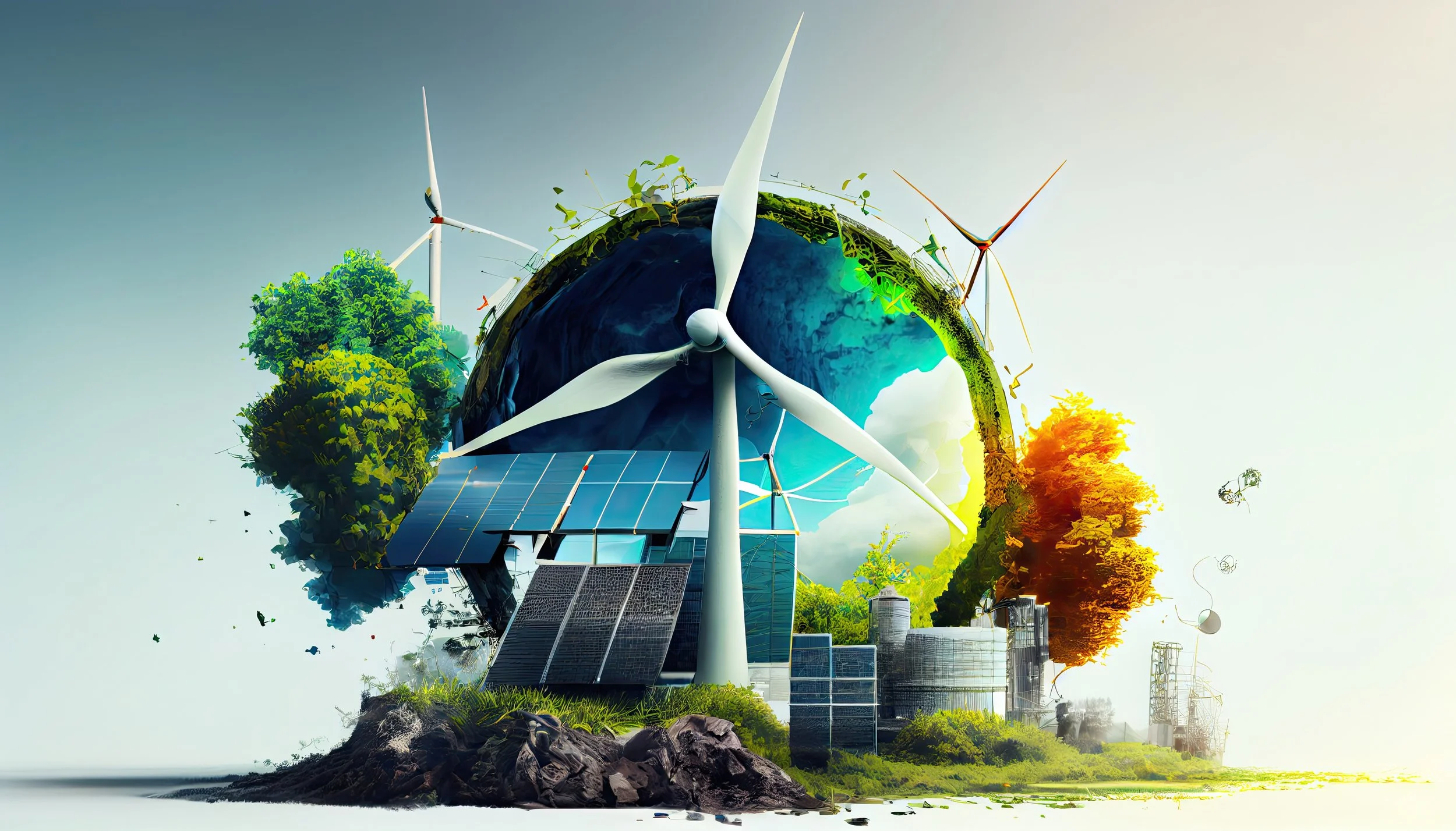 A futuristic eco-friendly cityscape with wind turbines, solar panels, lush green trees, and modern buildings, set on a small rocky island with a body of water in the foreground.