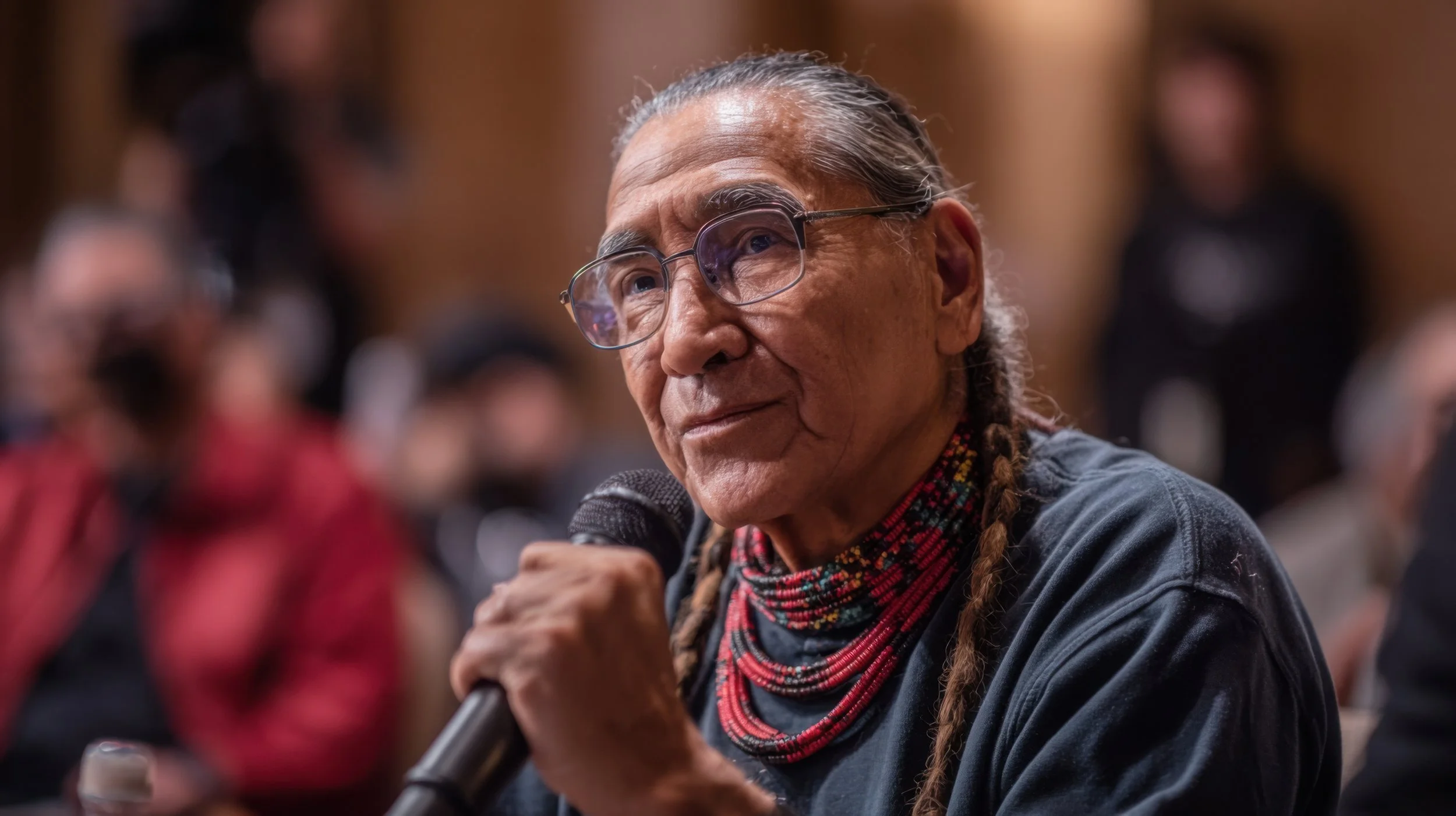 An elderly person with glasses holding a microphone, attending a public event or discussion, with people blurred in the background.