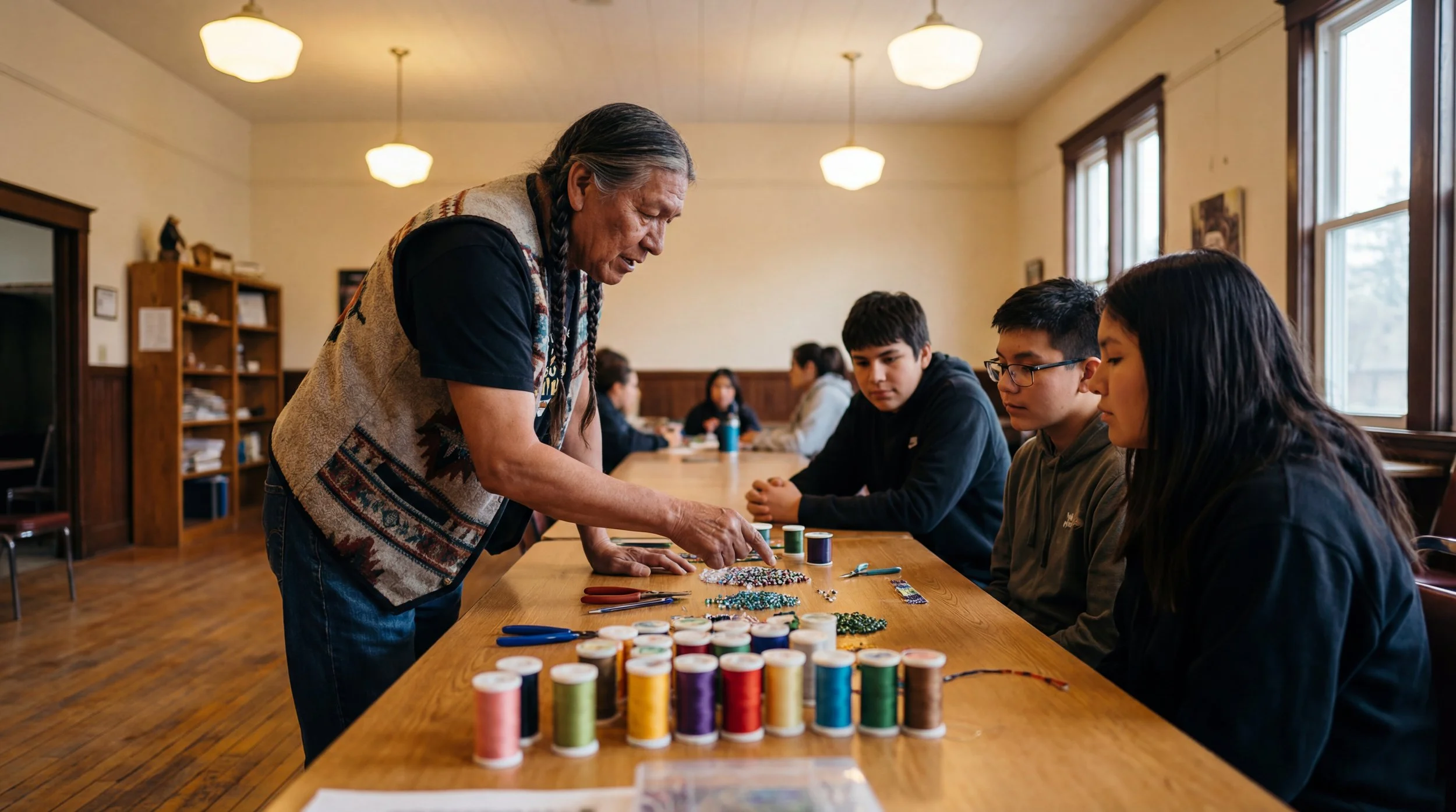 An elderly woman with braided gray hair demonstrating beadwork to a group of young people seated at a long wooden table in a cozy, well-lit room. The table is covered with colorful threads, needles, and various beads. The room has wooden floors, bookshelves, and large windows.