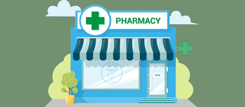 Cartoon depiction of a pharmacy storefront
