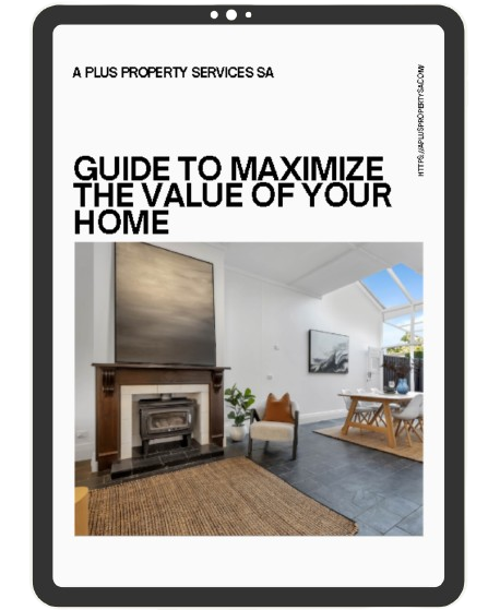 Cover page of a property guide titled 'Guide to Maximize the Value of Your Home' with a photo of a bright, modern living room featuring a fireplace, armchair, and large windows.