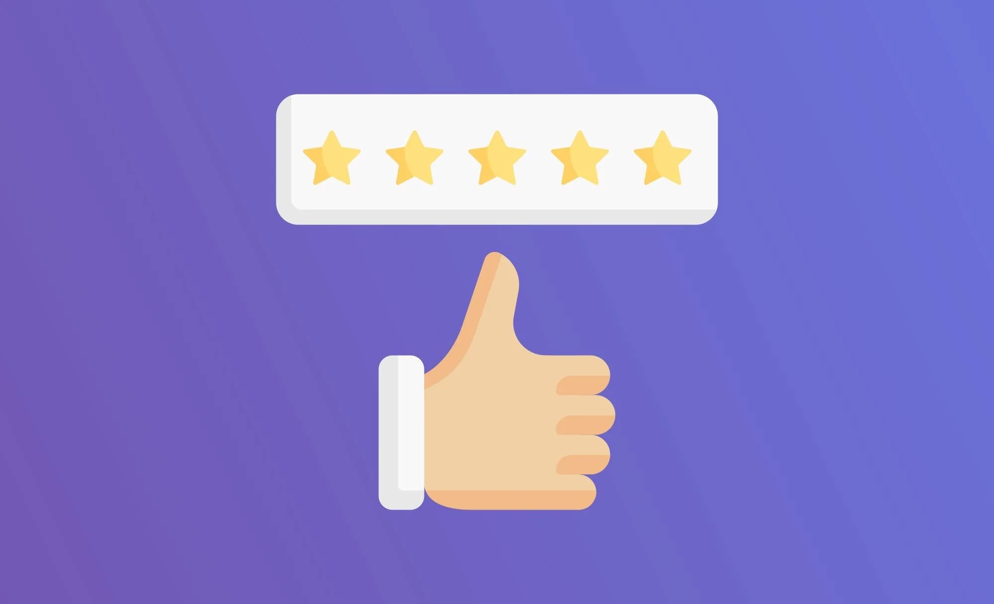 A digital illustration of a thumbs-up hand gesture with a five-star rating above it on a purple background.