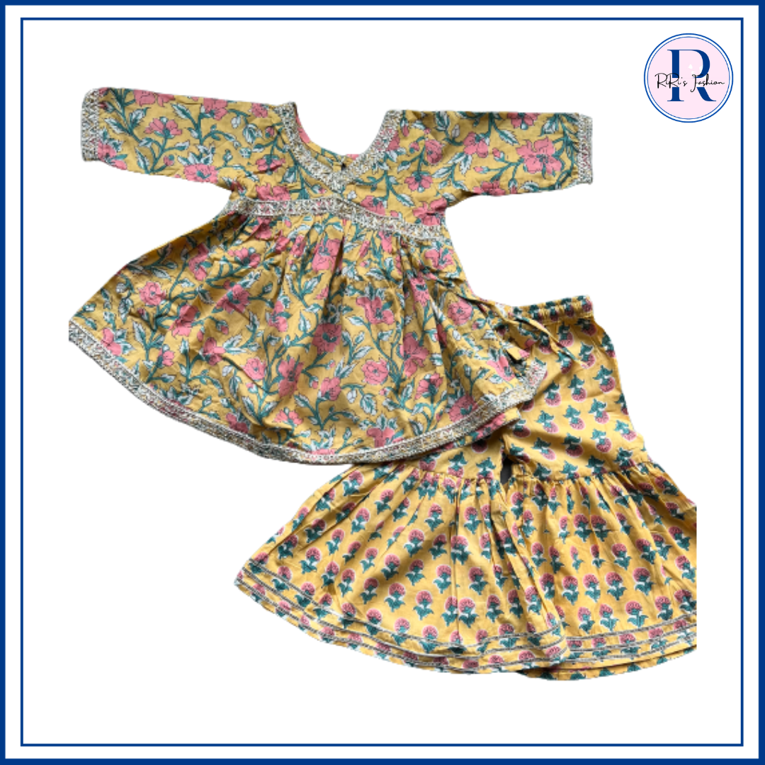 Yellow hand block floral Sharara