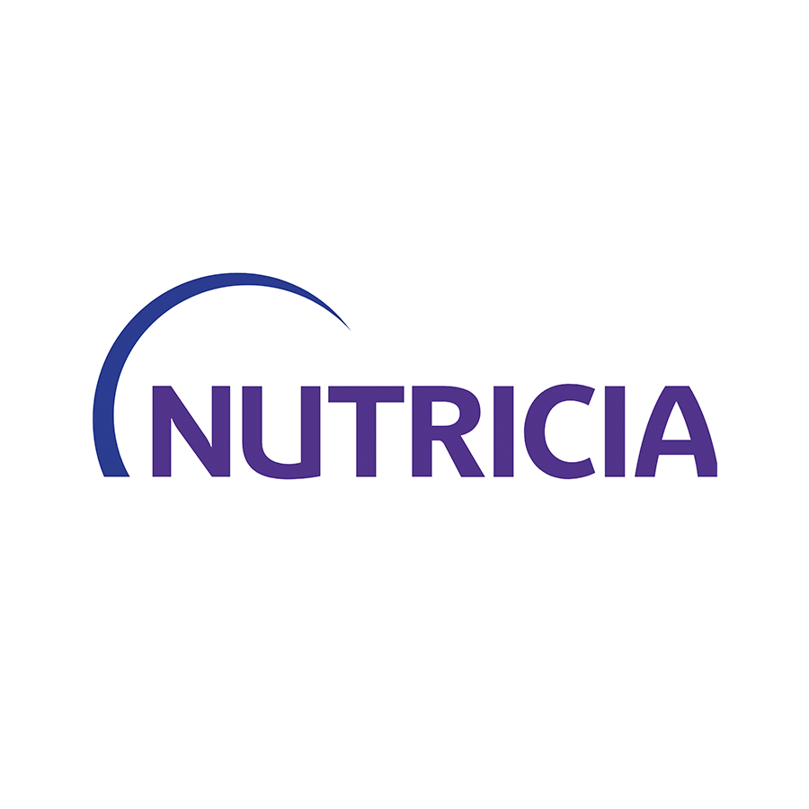 Nutrícia logo with purple text and a curved line in shades of blue