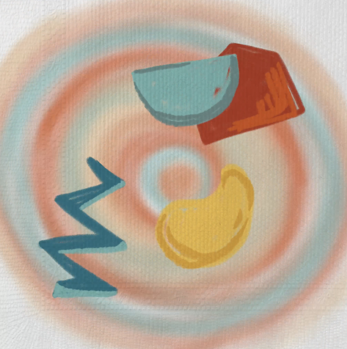 Colorful illustration of a lime wedge, a red soap bar, a blue bowl, a lemon wedge, and a blue zigzag line on a spiral-patterned background.