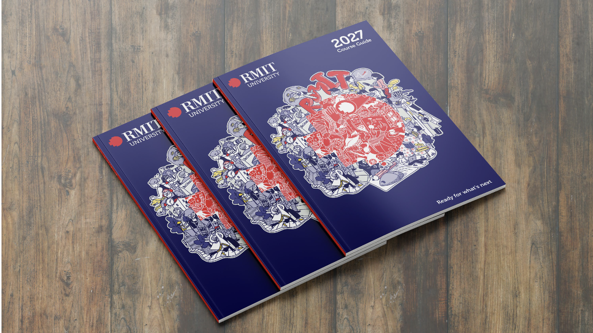 Three RMIT University course guides for 2027 arranged on a wooden surface, featuring a colorful illustration on the covers with students and various objects.