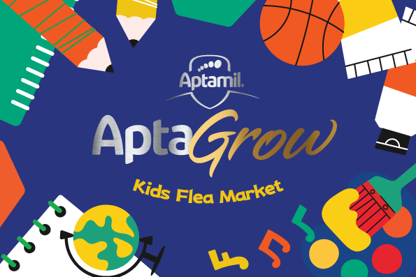 Promotional graphic for Aptame Aptagrow Kids Flea Market featuring colorful illustrations of sports equipment, musical notes, and abstract shapes surrounding the event name.