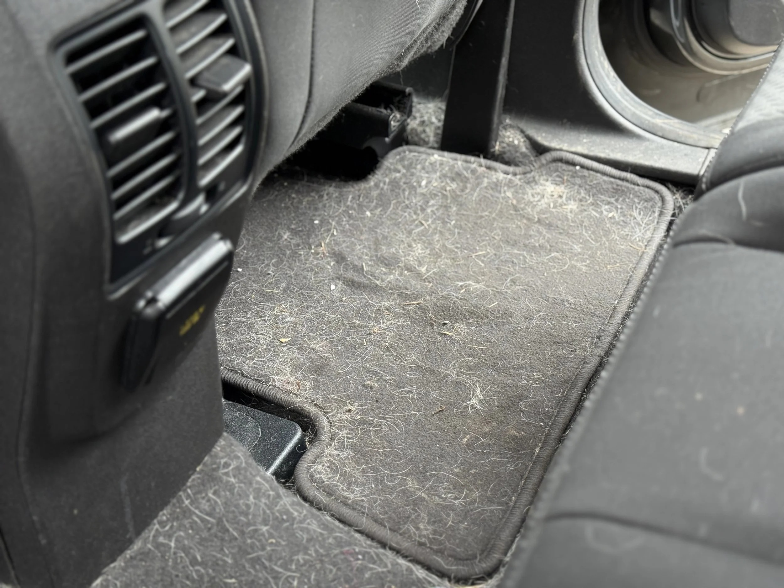 Car interior with a dirty, dusty floor mat and some debris on the passenger side floor.