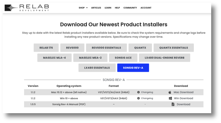Screenshot of the Relab Development downloads page