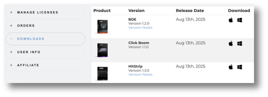 Screenshot of the Swivel Audio downloads page