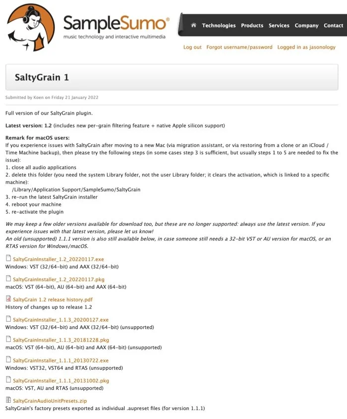 Screenshot of the SampleSumo downloads page