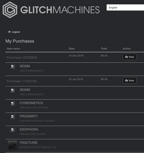 Screenshot of the Glitchmachines downloads page