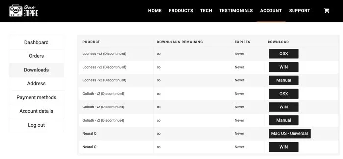 Screenshot of the Tone Empire downloads page