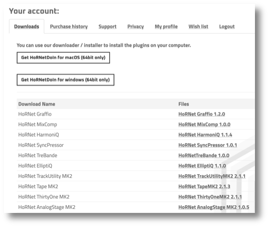 Screenshot of the Hornet Audio downloads page