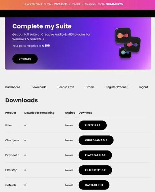 Screenshot of the Audiomodern downloads page