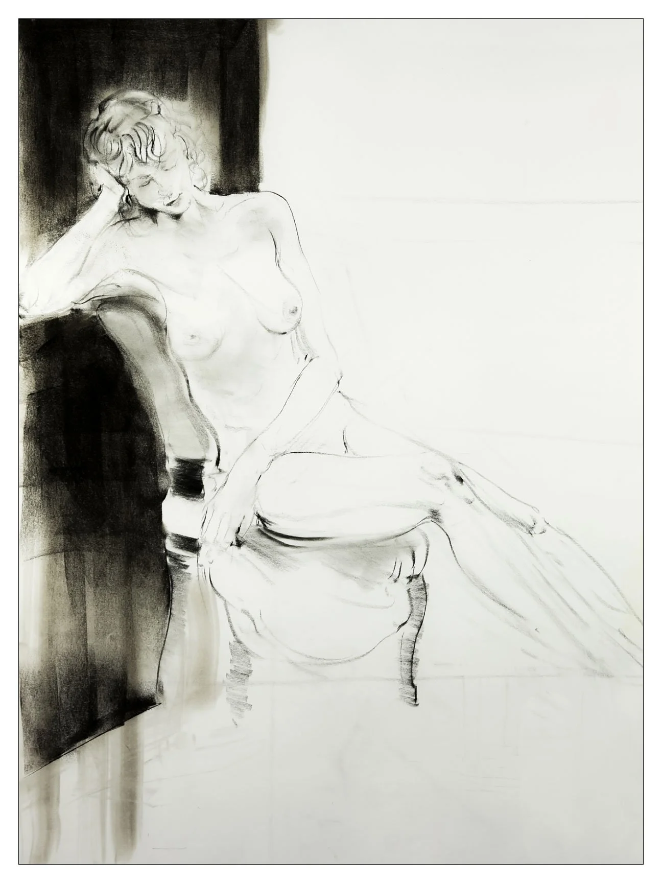 A black and white sketch of a nude woman sitting on a chair, with her head resting on her hand, and her eyes closed.