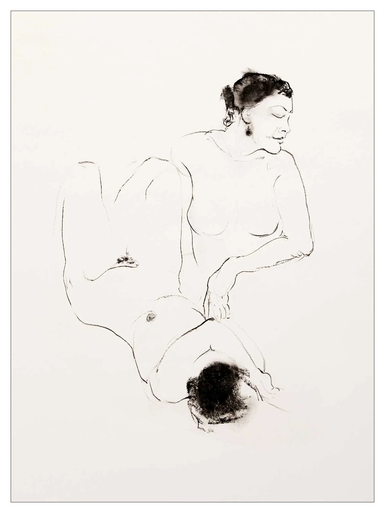 Minimalist line drawing of two people in a reclining pose, sketched lightly on a white background.