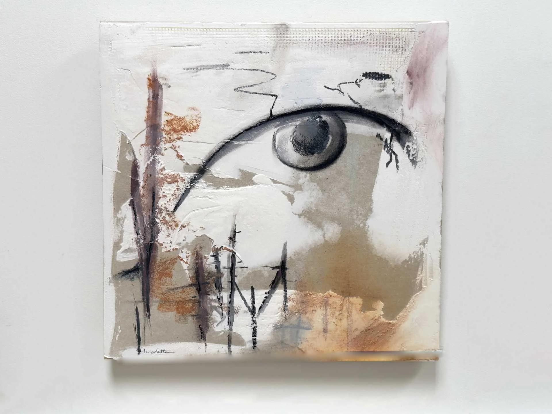 Abstract painting with a prominent eye motif on a textured background.