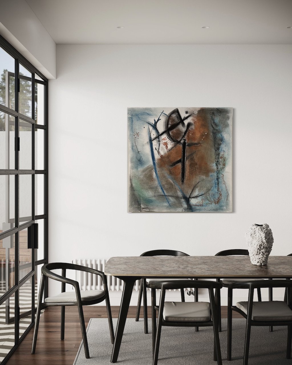 Modern dining room with a marble table, black chairs, abstract wall art, and natural light from a window.