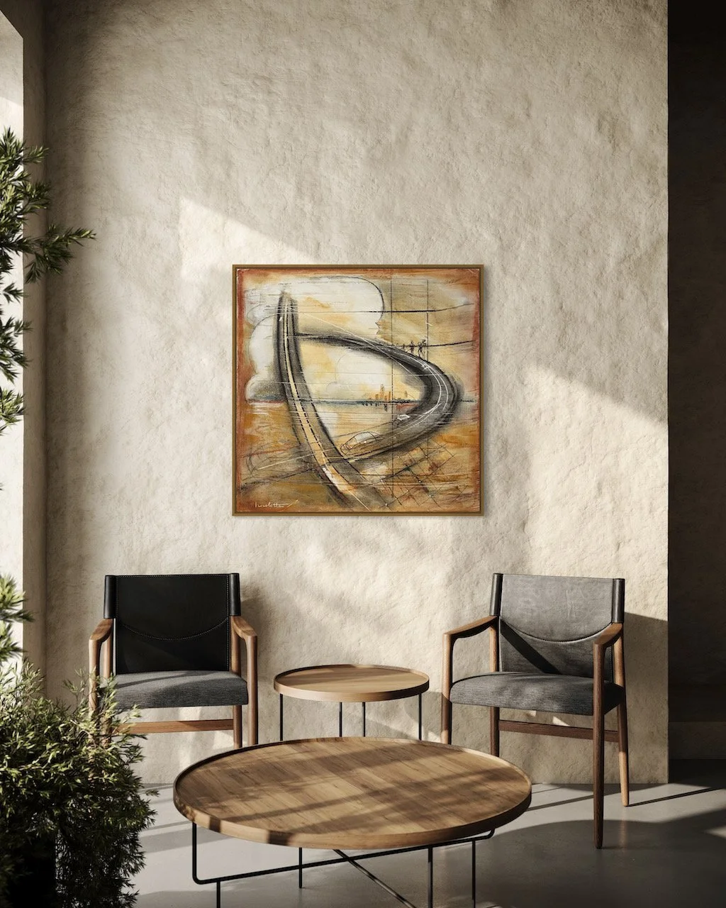 Contemporary art piece adorning a minimalist styled seating area with two chairs and a wooden coffee table.