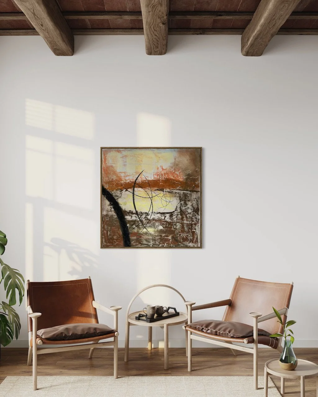 Minimalist living room with two brown leather chairs, abstract painting on wall, small round wooden table with tea set, and plants