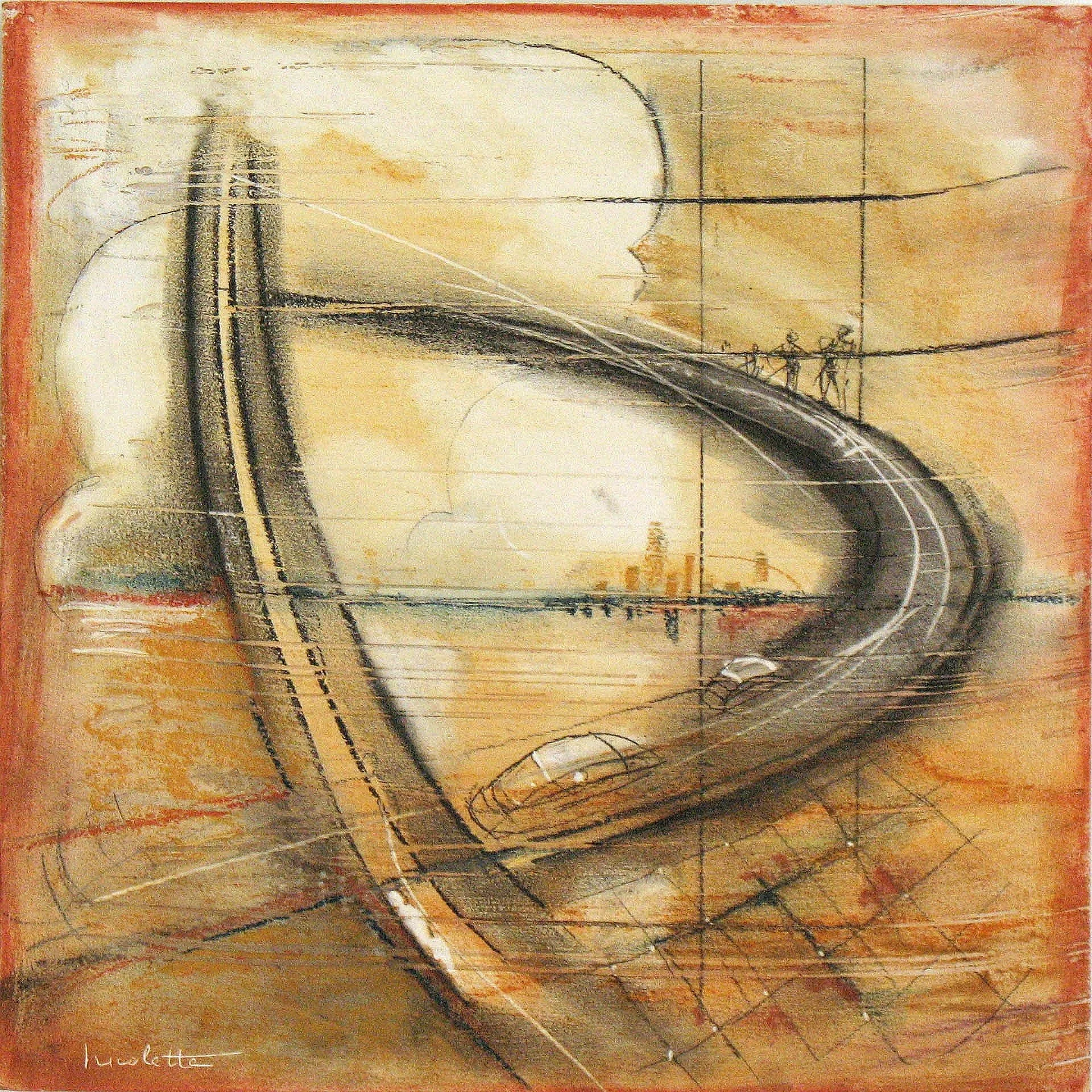 An abstract artwork with a large eye shape, bridge, city skyline, and sky in warm tones of beige, orange, and black.